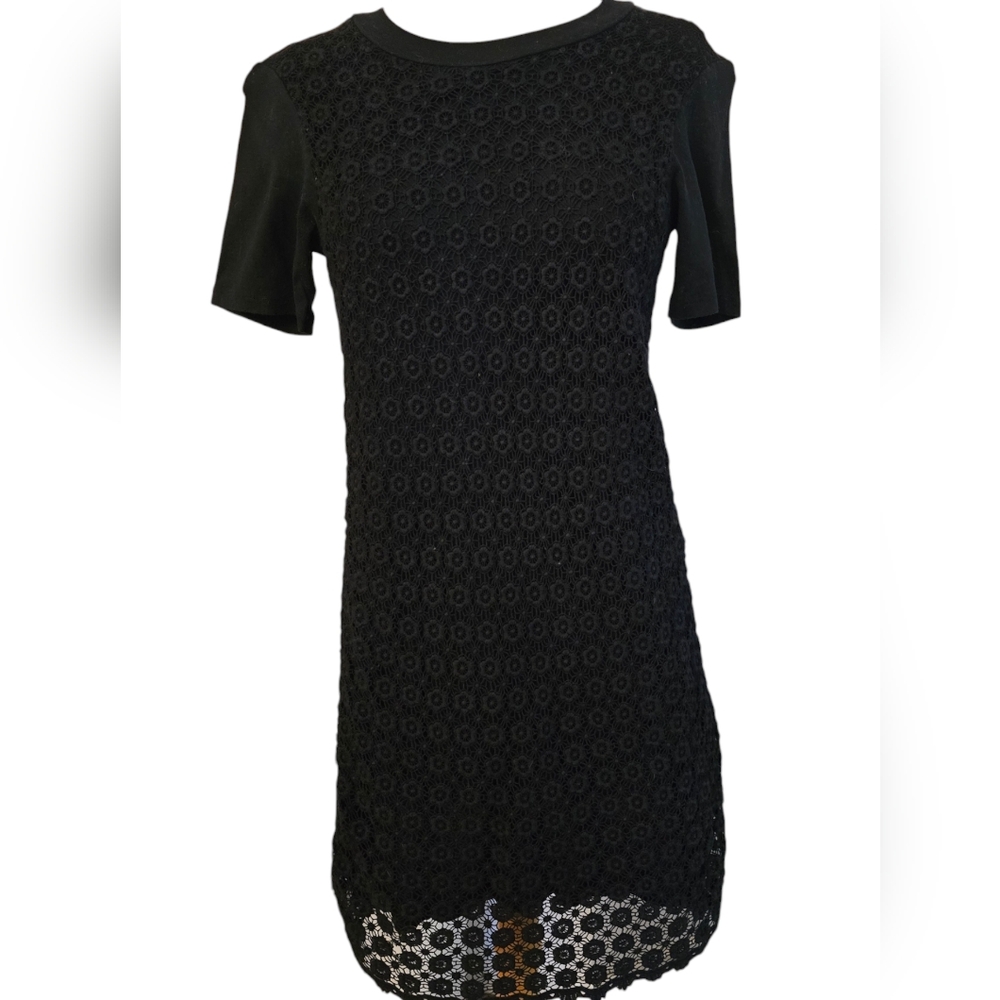 See By Chloe black daisy crochet lace italian cotton tee shirt style dress
